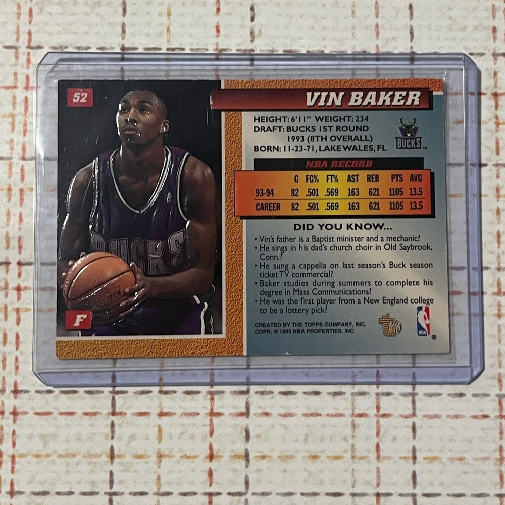 🏀 Vin Baker 1994/1995 Topps NBA Basketball Embossed Sport Trading Card #52 - Picture 2 of 3